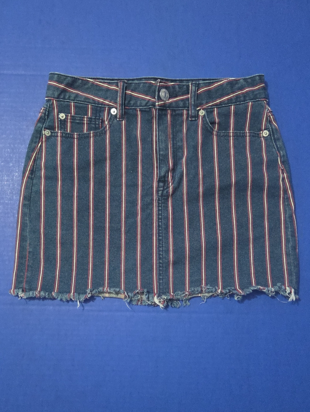 American Eagle Outfitters Navy Denim Mini Skirt with Red Pinstripes